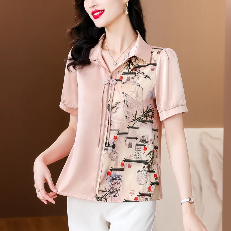 Women\'s New Summer Fashion Casual Short Sleeve Polo-Neck Chinese Style Chinese Style Button Up Satin Printed Silk Shirt Tops