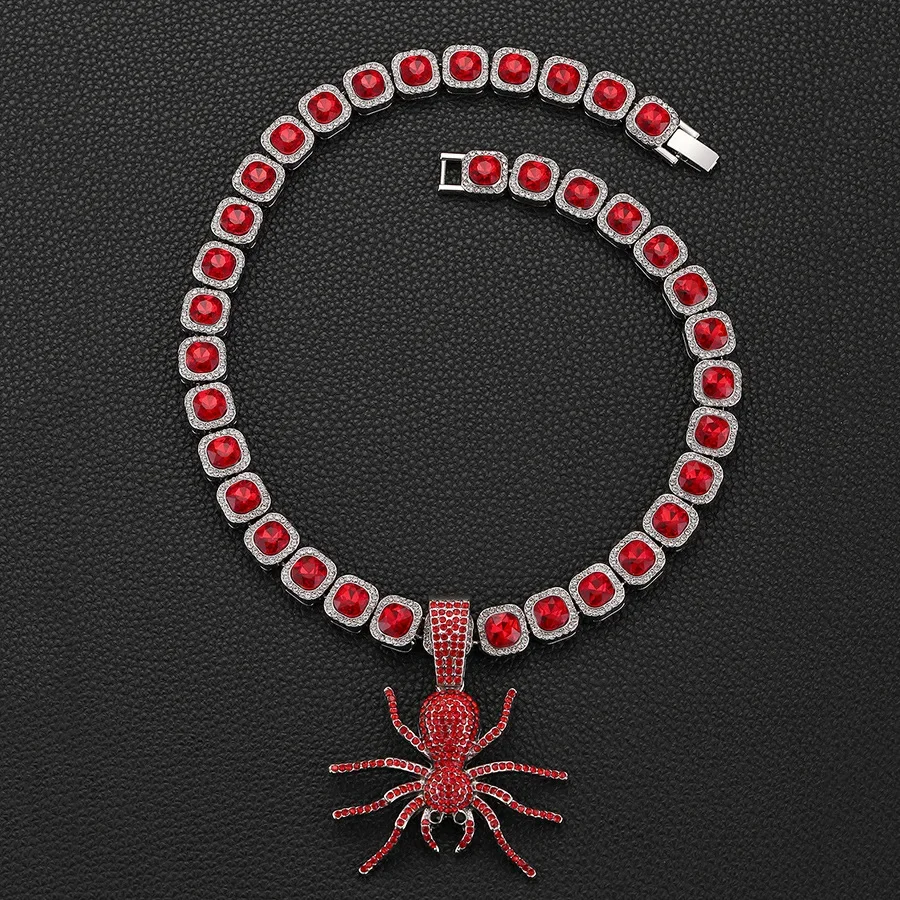 Uomo donna 12mm Hiphop Square Red Crystal Tennis Chain Iced Out Fashion Silver Color Spider Pendant Choker collana gioielli regali