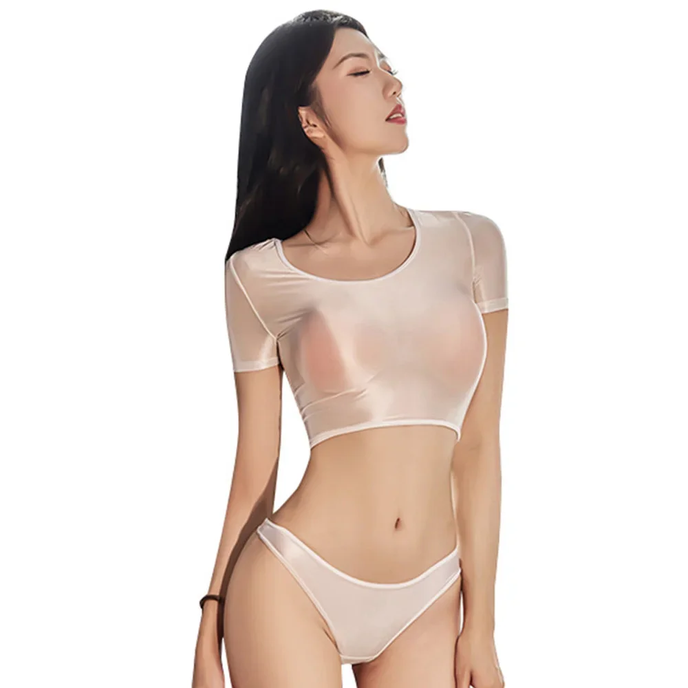 Sexy UltraShort T-Shirt for Women Thin Sheer See Through Oil Glossy Short Sleeved Tops Breathable Shirts Summer T-shirt Street