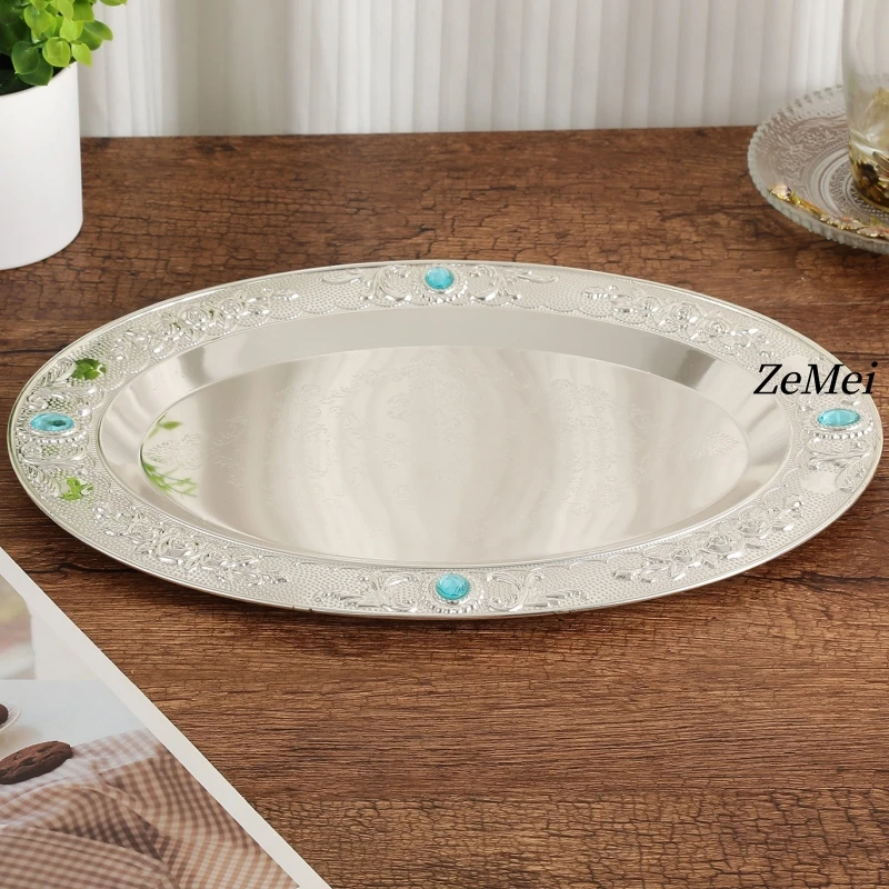 European Style Oval Fruit Plate,Exquisite Patterned Blue Diamond Silver Metal Cake Plate Home Tray,Snack Disc Table Decoration