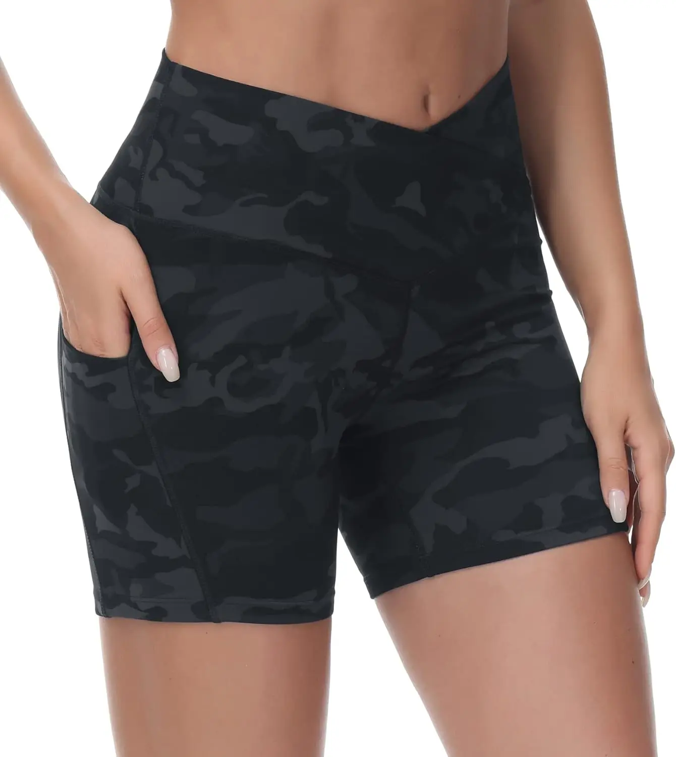 

Women's Cross Waist Workout Shorts Tummy Control Spandex Athletic Biker Shorts with Deep Pockets