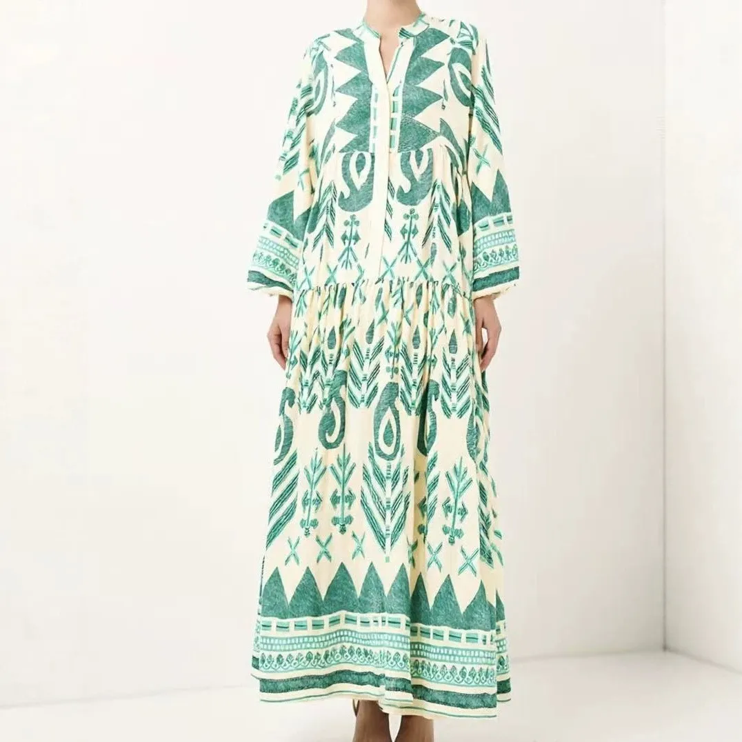 V Neck Printed Dress a Line Courtly with Elegant Artistic Retro Long Sleeves Loose Maxi Length Everyday Office Dress for Women