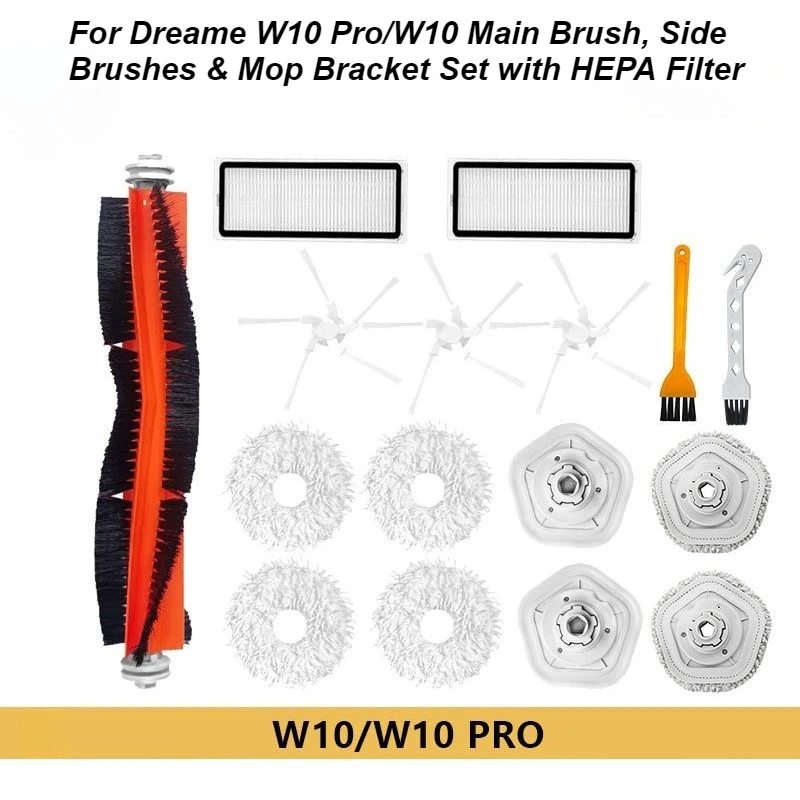 

For Dreame W10 Pro/W10 Main Brush, Side Brushes & Mop Bracket Set with HEPA Filter