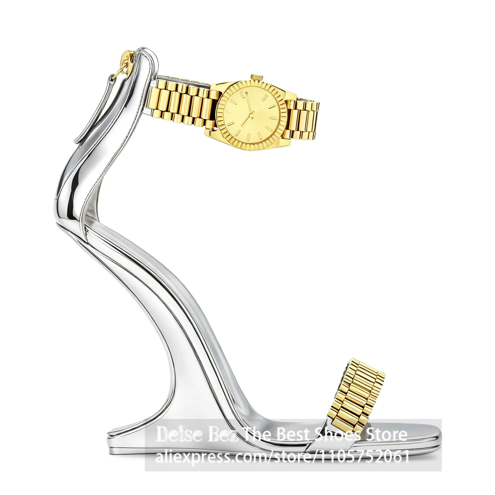Watch Sculptural Wedge Heel Sandals Gold Strap Open Toe High Heel Summer Shoes Curved Sculptural Wedge Heel Sandals for Women