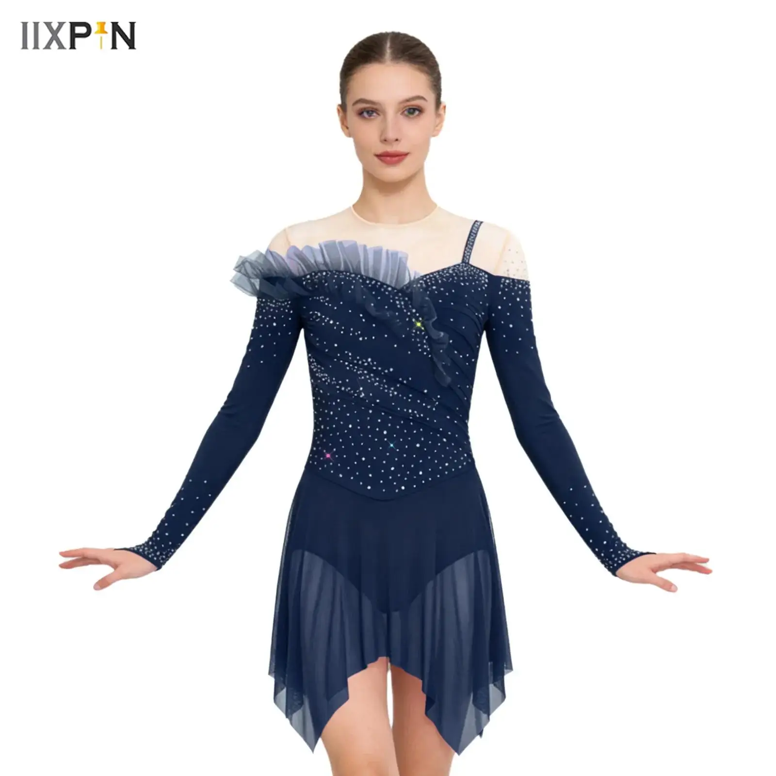 

Womens Acrobatics Gymnastics Artistic Figure Skating Ballet Lyrical Dance Leotards Dress Rhinestones Built -In Briefs Dress