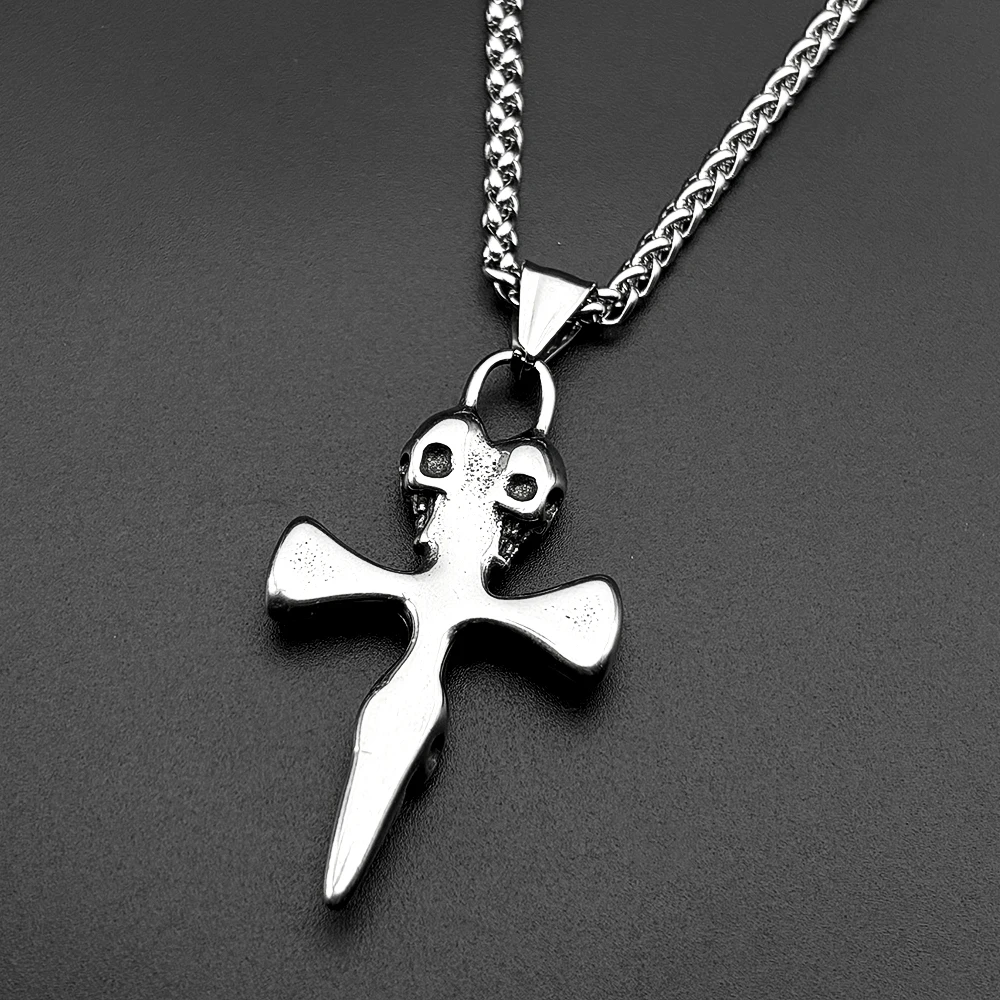 Modische Totenkopf-Kreuzkette für Damen und Herren, Edelstahl, schwarz, Dark-Punk, Heavy-Metal-Anhänger, Halskette, Schmuck, Geschenke – Detail 7