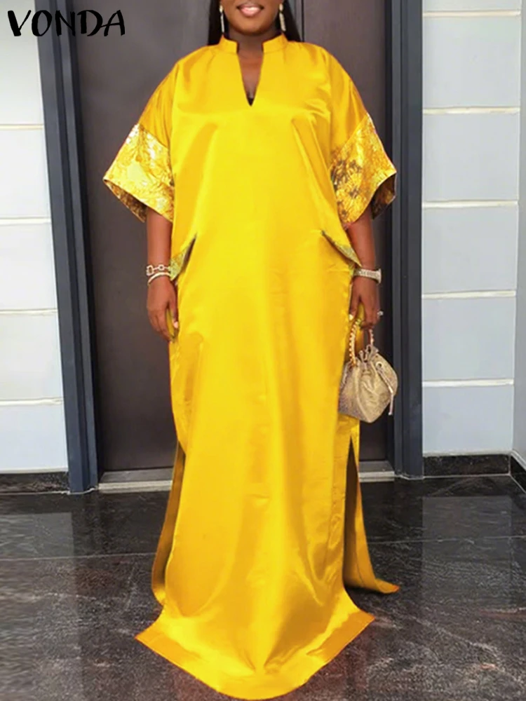 VONDA 새틴 실크 맥시 드레스 여성 여름 선드레스 반팔 파티 드레스 2025 빈티지 V넥 솔리드 컬러 로브 오버사이즈