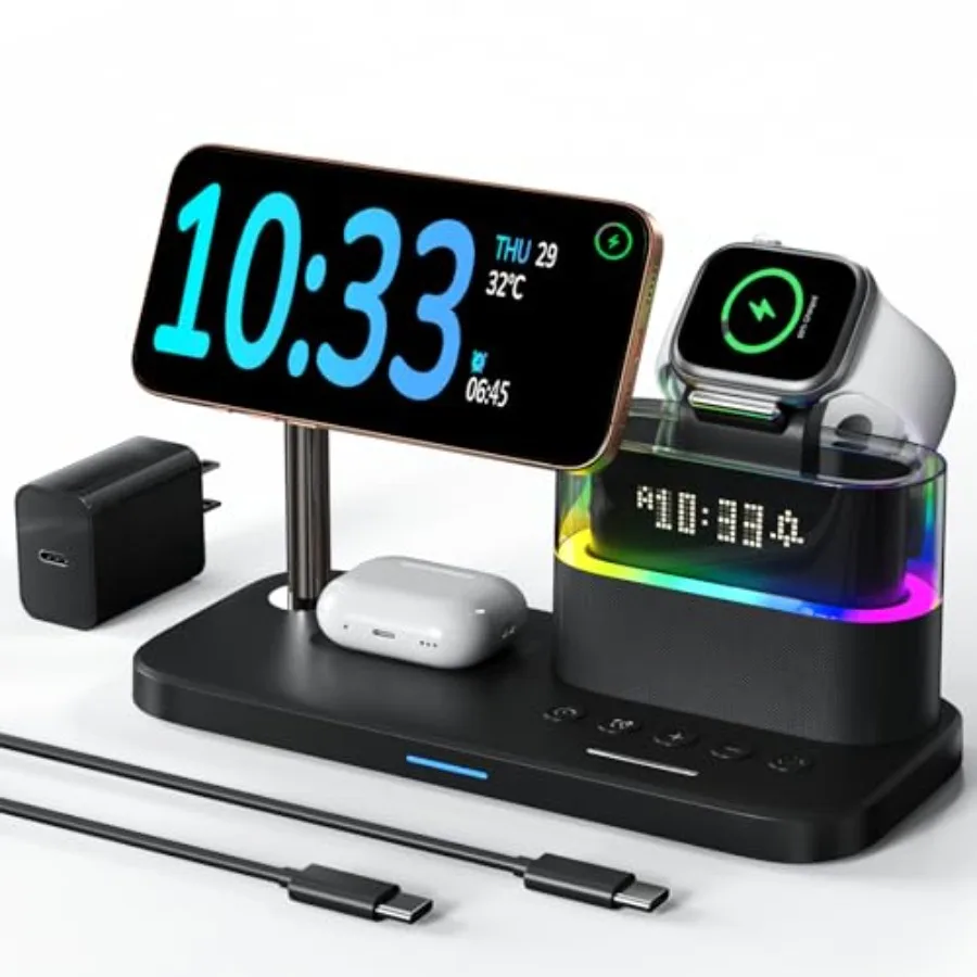 

5 in 1 Wireless Charging Station for Apple, Mag-Safe Charger with Alarm Clock Night Light for Multiple Devices, Nightstand Char