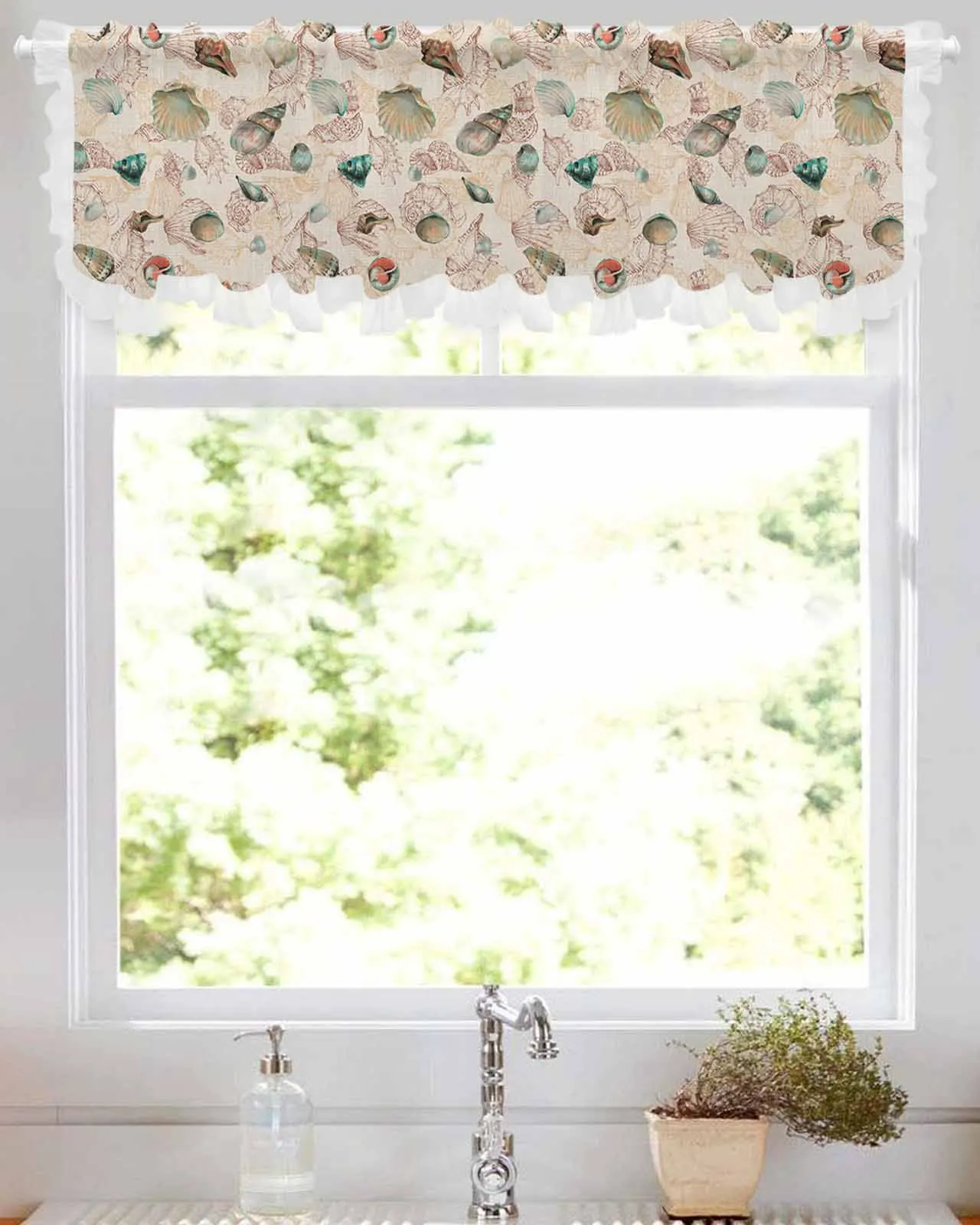 Summer Ocean Shell Retro Short Tulle Half Curtains for Living Room Kitchen Door Cafe Window Sheer Valance Drapes