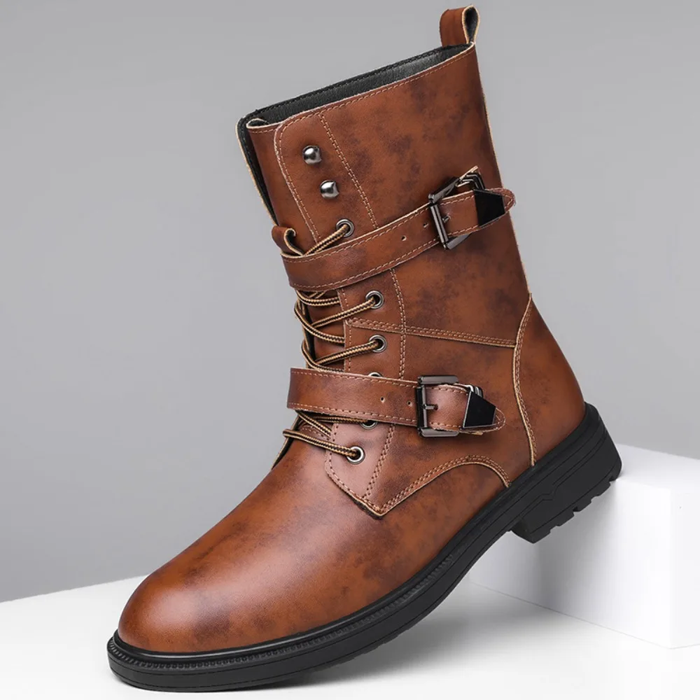 Motorcycle Retro Cowboy Mid Calf Western Pu Leather Man Slip on Shoes Winter Knight Booties Plus Size 38-48 Zapatos Hombre Chels