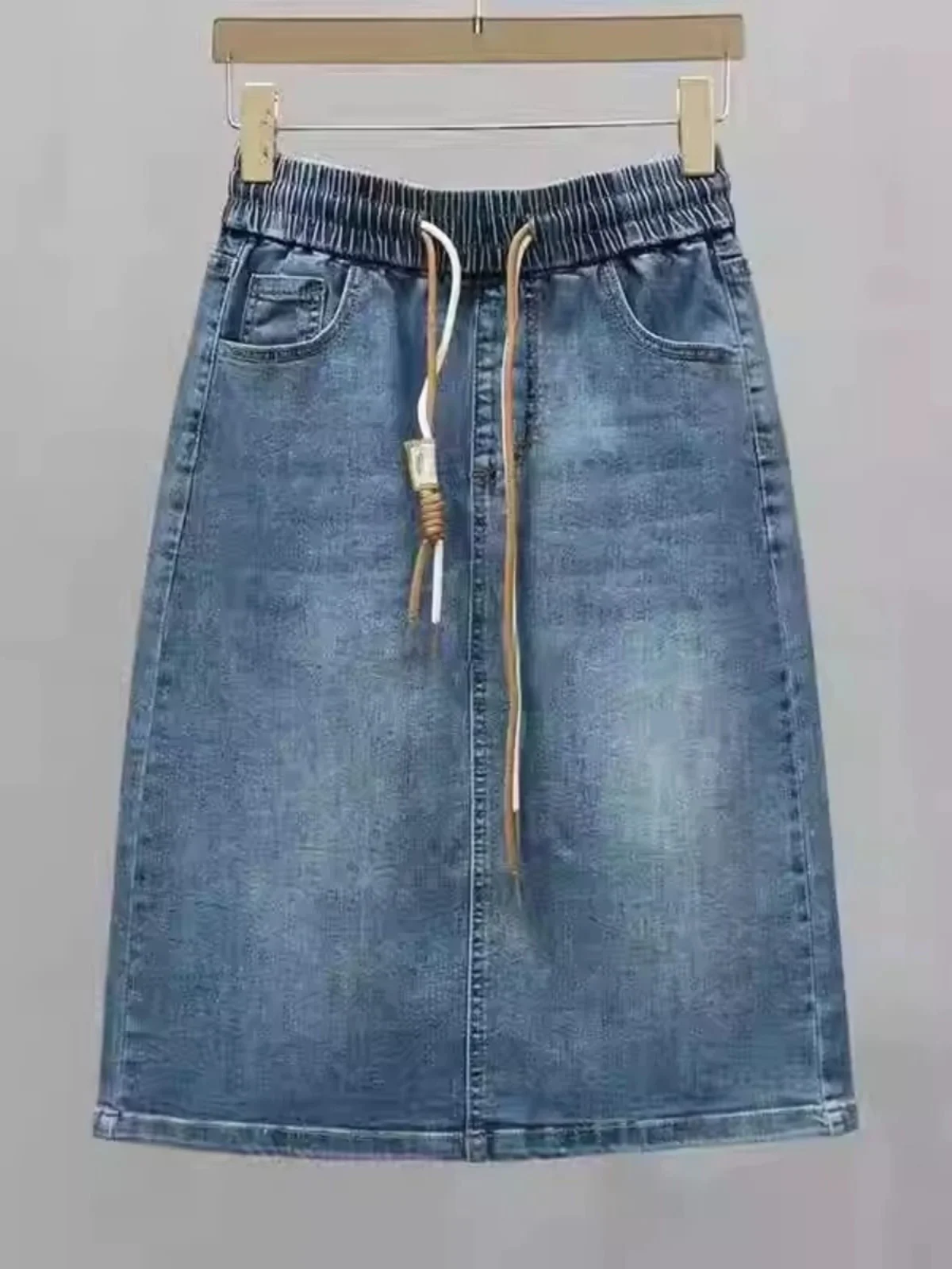 Spring Elastic Waist Tied Denim Skirt Women's 2026 Mid-length A-line Skirt Slimming Versatile High Waist Pure Color Commute