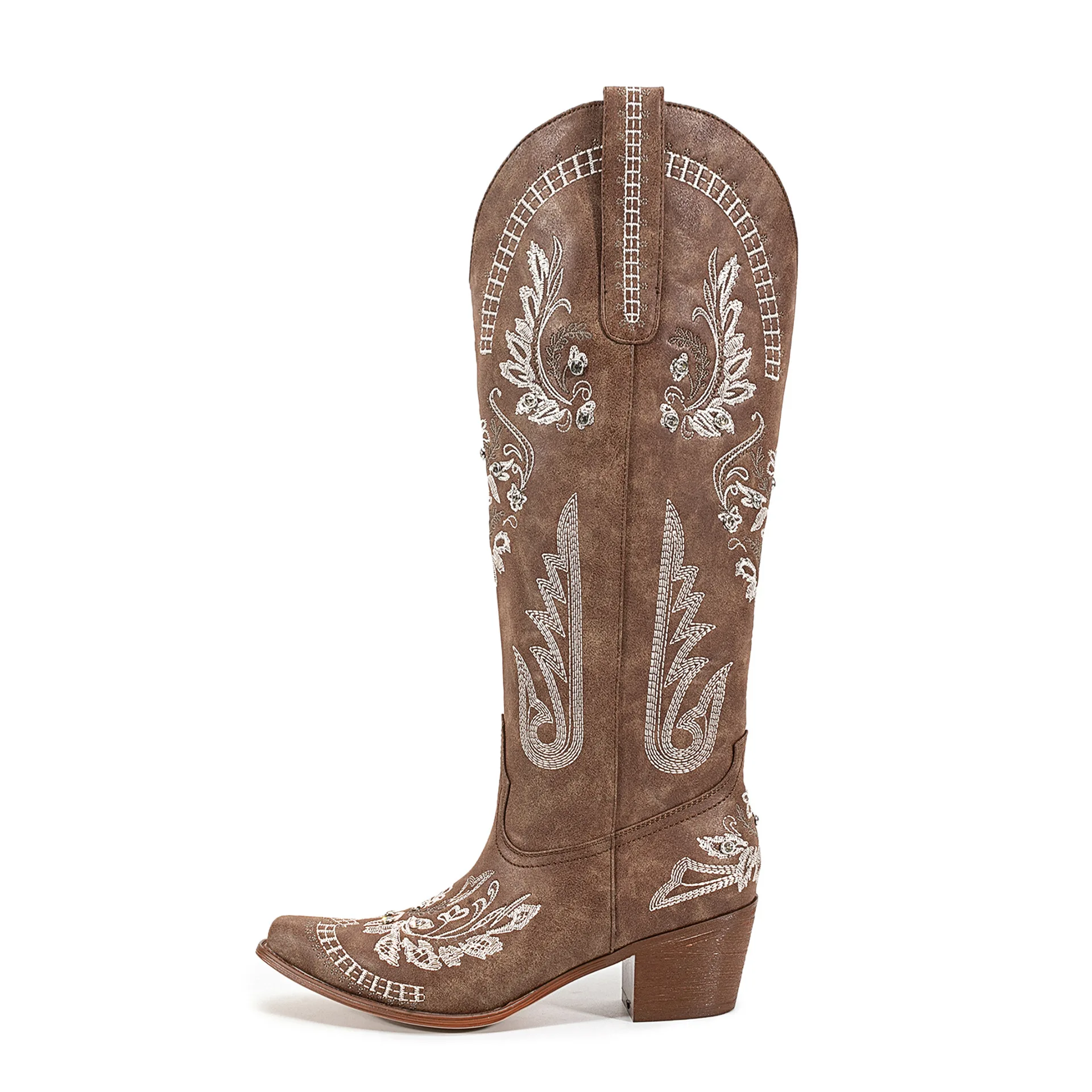 Dames lederen kniehoge cowboylaarzen Vintage geborduurde bloemen westerse laarzen Vierkante neus Blokhak laarzen voor herfst winter