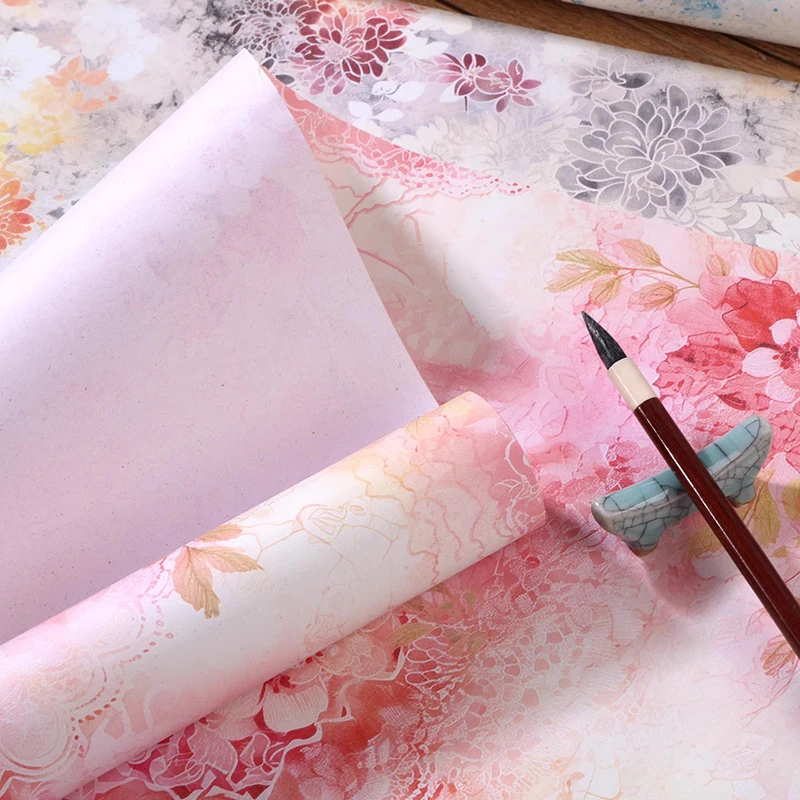 Batik Floral Pattern Chinese Xuan Paper Scroll, Half-Sized Long Rice Paper Roll for Calligraphy & Painting 34cm x 10 m