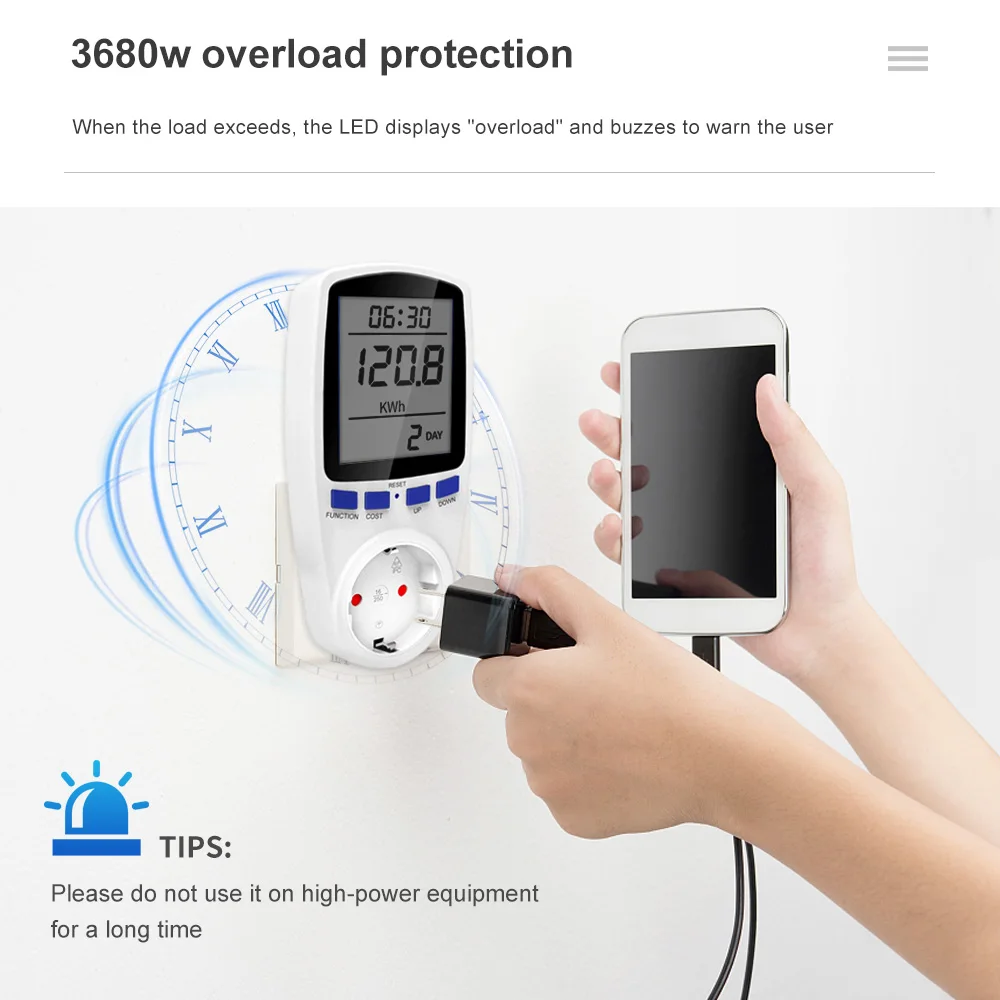 Medidor de potencia Digital LCD de 220V, vatímetro, toma de corriente de medición de energía Kwh, enchufe europeo, protección contra sobrecarga