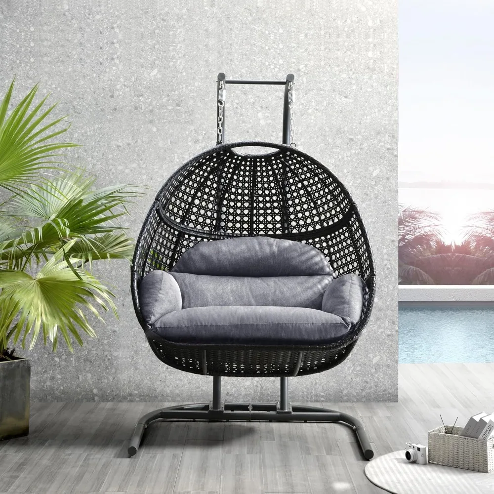 2 Person Hanging Egg Chair with Stand for Outdoor, Patio Rattan Wicker Double Egg Swing Chairs Hammock Chair with Cushion and