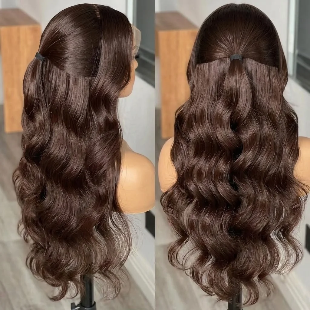 Image of Body Wave Schokoladenbraune Echthaarperücke, dunkelbraun, 13x4 13x6 HD Lace Frontal Echthaarperücken, 190 Dichte Lace Front Perücken