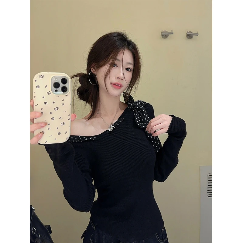 Y2K Black Sweater Women Sexy Off Shoulder Knitted Pullovers Korean Aesthetic Polka Dot Bandage Knitwear Long Sleeve Jumpers Tops