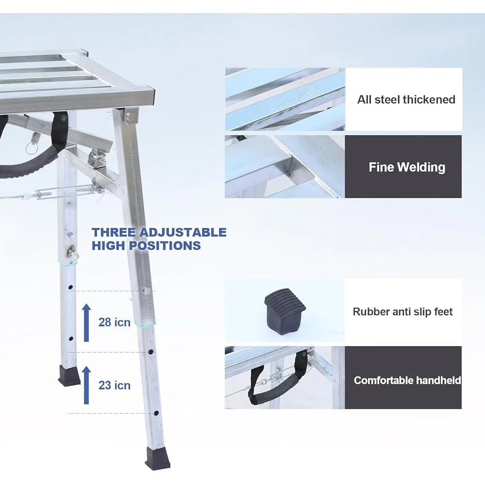 Plataforma de andaime dobrável ajustável, escada de aço portátil, classificação de trabalho de 400lbs, suporte de trabalho de limpeza rv, design antiderrapante