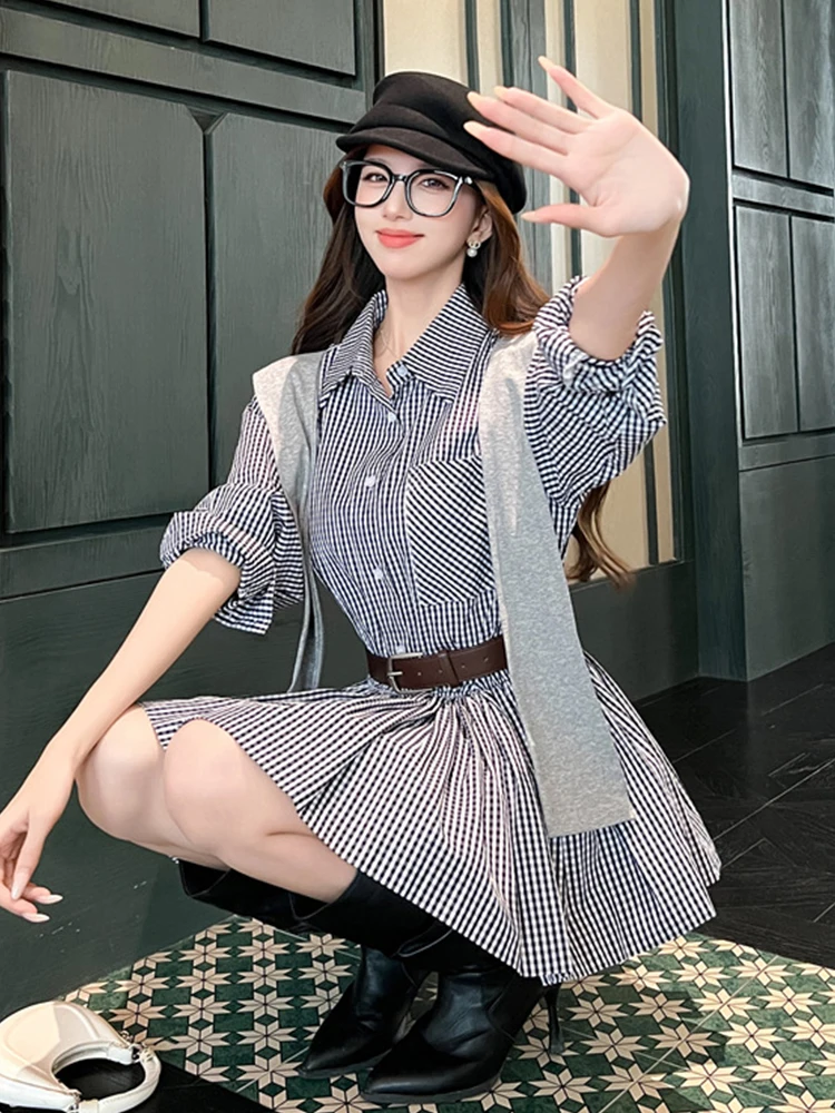 Koreaanse Mode Shirt Jurk voor Vrouwen Zoete Cape Riem Swing Korte Geplooide Jurk Vrouwelijke Dagelijkse Casual High Street Vestidos Mujer