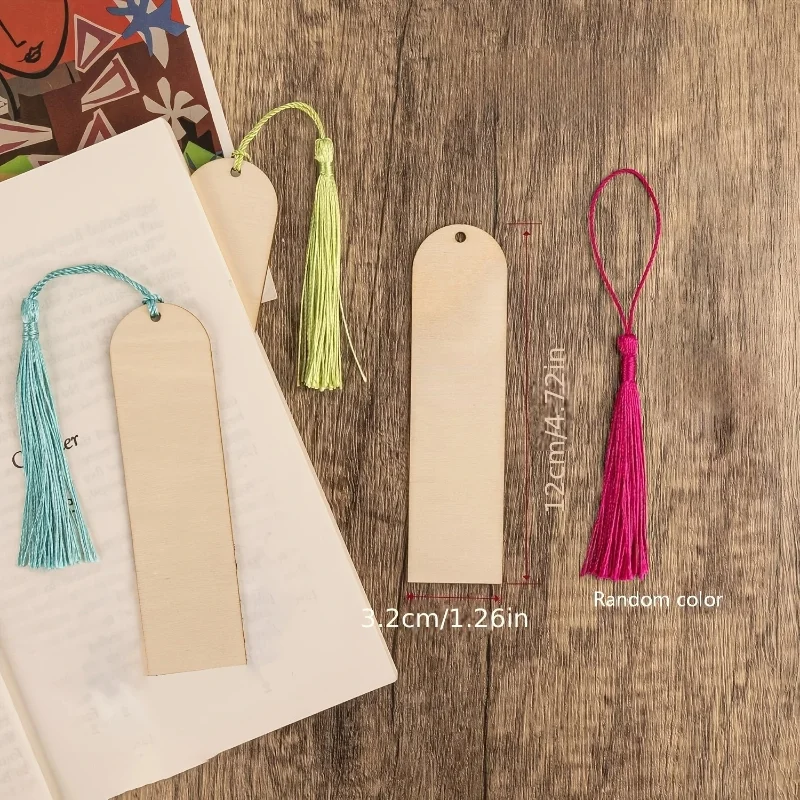 20pcs Unfinished Wooden Bookmark DIY Wood Craft Bookmarks with Laser Cut Wooden Hooks, Square Tags, 12 Tassels - Random Color