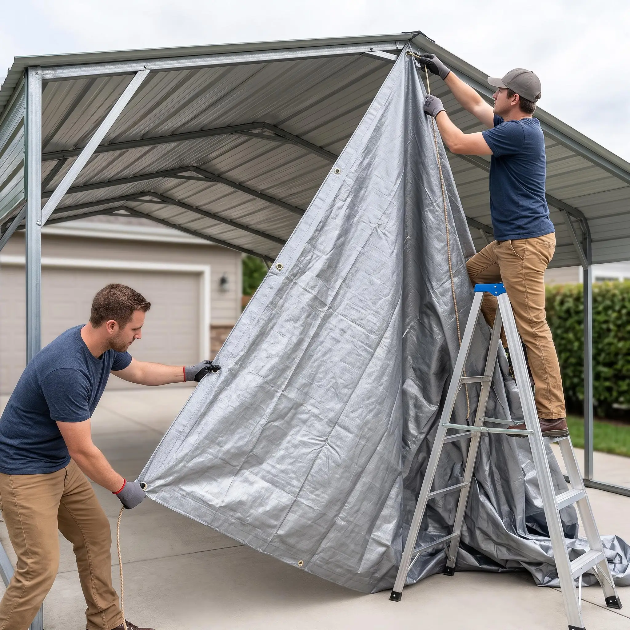 20 x 40 FT Replacement Carport Cover, 180 GSM Waterproof PE Canopy Tarp with Side Wall Curtains & Door Curtain, UV & Wind Resistant, Reinforced Grommets & Tie-Down Straps Included (Cover Only)