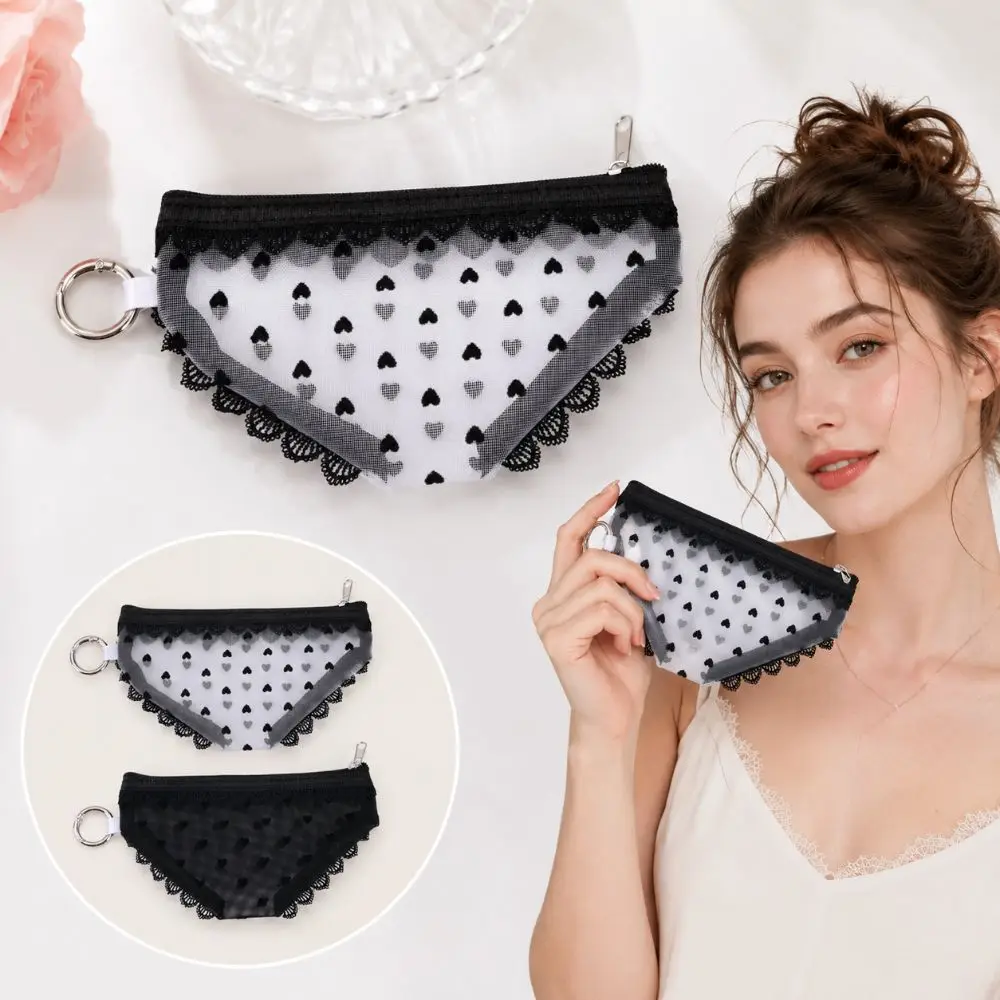 New Underwear Shape Bikini Cosmetic Bag Lace Heart Mesh Makeup Storage Pouch Y2K Transparent Toiletry Bag Travel, Daily Life