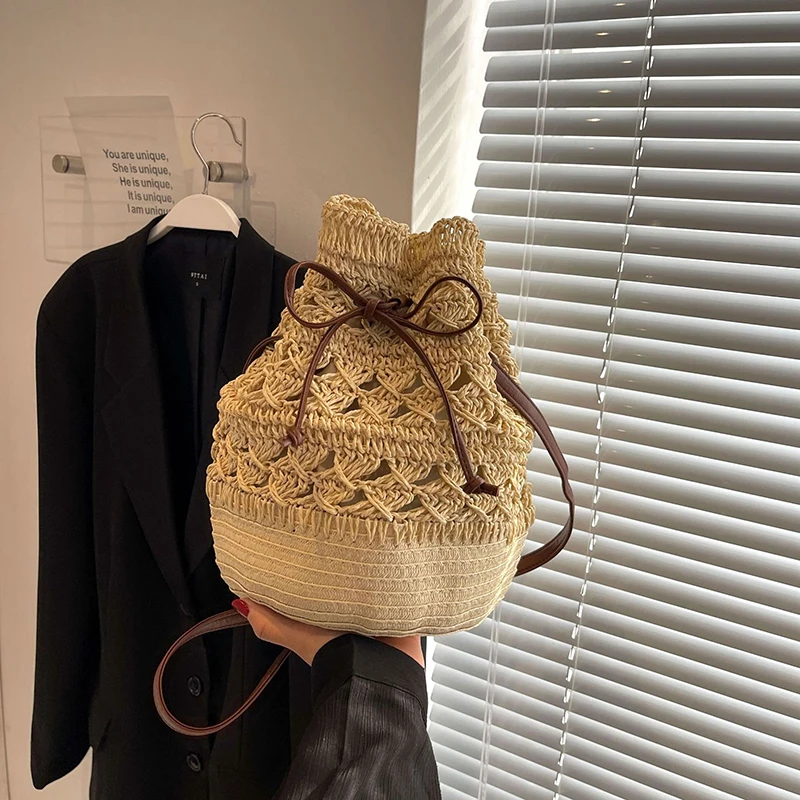 Shoulder Bag Brown Bucket Woven Bag Retro Adjustable Straps Drawstring Straw Bag Summer Beach Pouch Daily Handbags