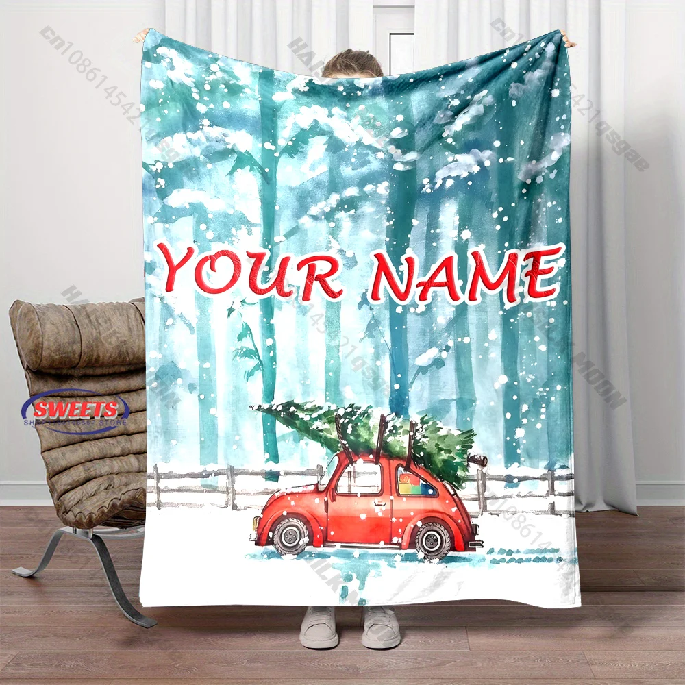 Personalized Name Custom Christmas Blanket Snowy Forest Car Blanket Set Soft Skin-Friendly blanket，all seasons, Christmas Gift