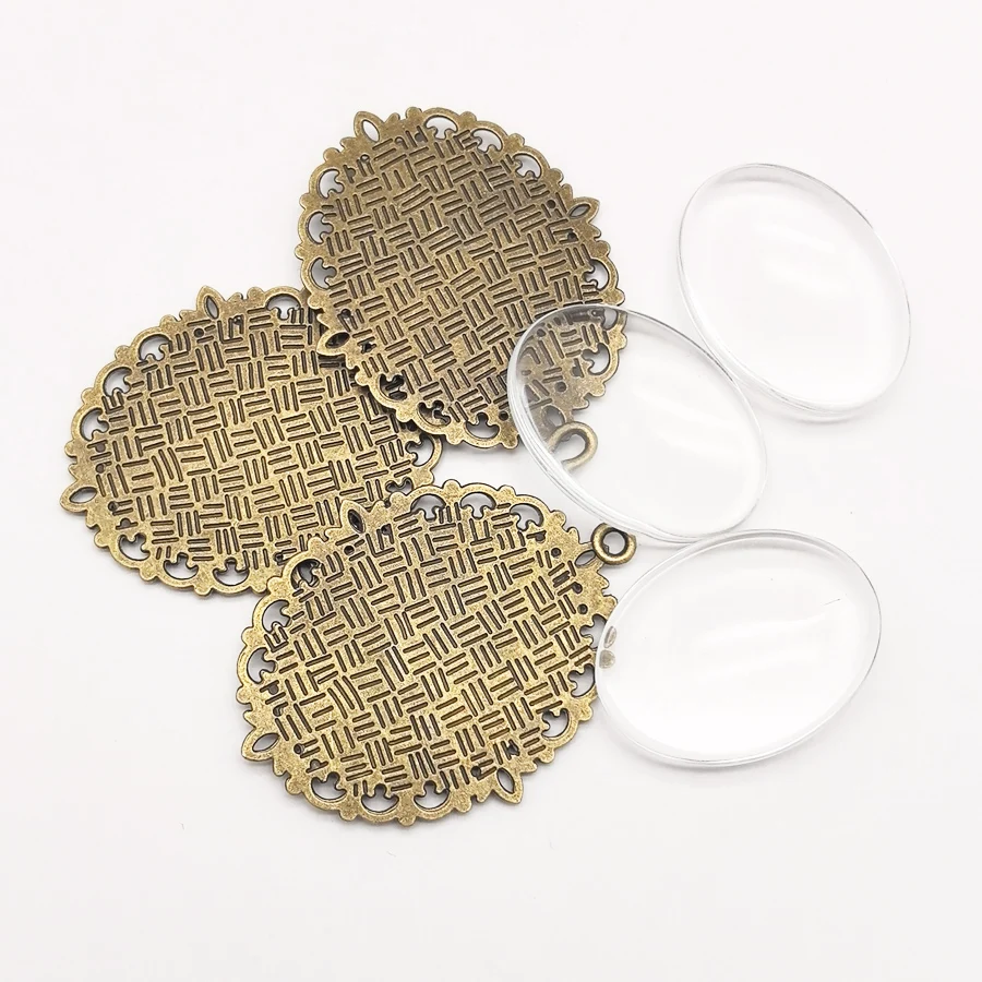 3 Sets Antique Bronze Flower Necklace Pendant Jewelry Making Tone Alloy Rectangle Cameo Setting Tray And Glass 61*48*8mm Pendant