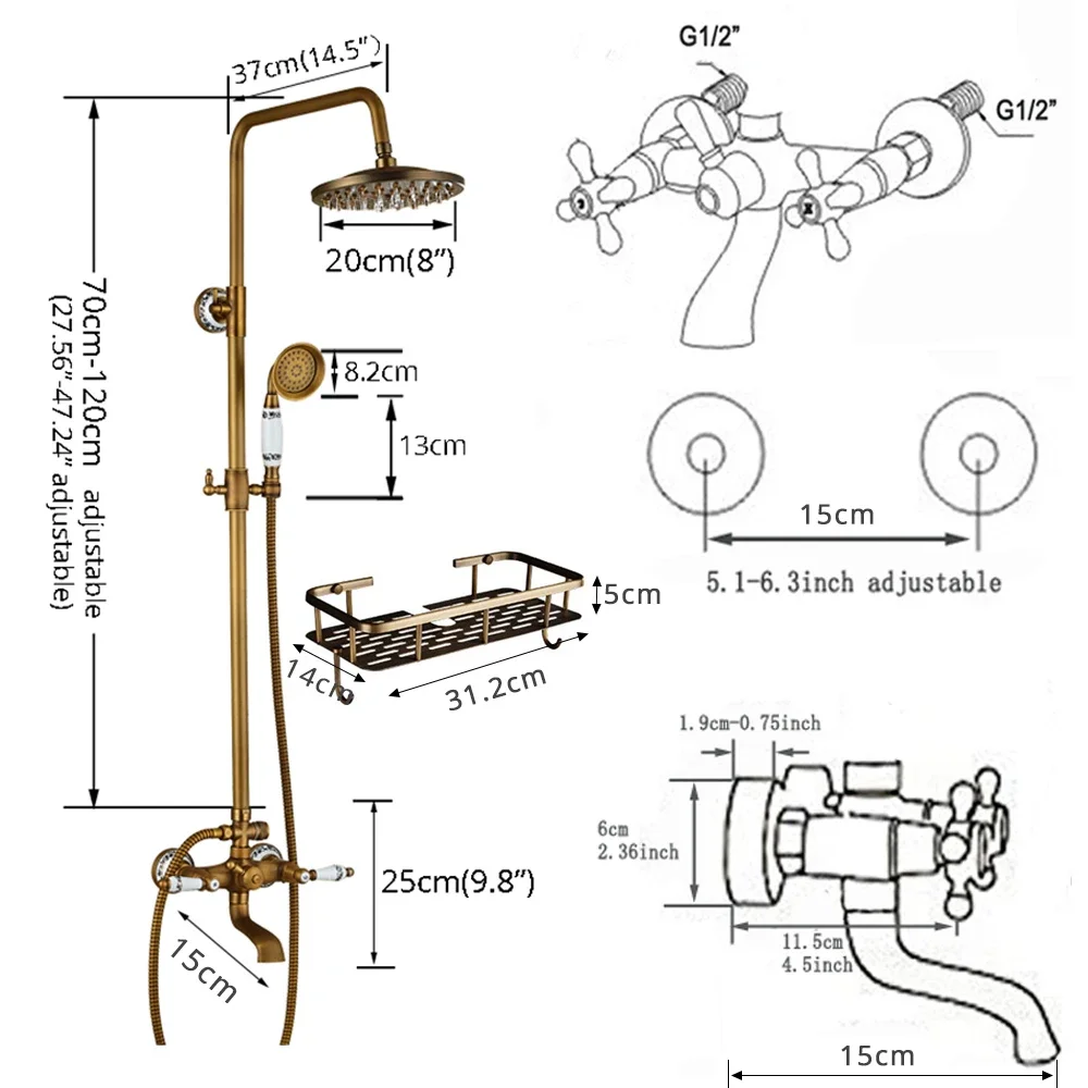 Brass Antique Bathroom Shower Faucet Set Wall Mount Dual Handle with Handshower + Shelf Brass Bathroom Shower Mixer Tap