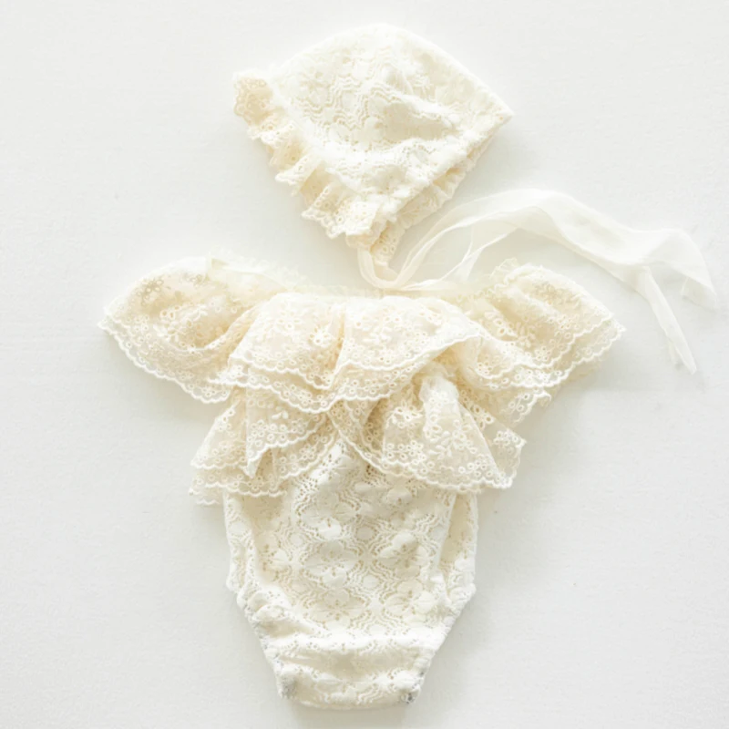 Newborn Photography Clothes Baby Girl Lace Outfit Bodysuits+Hat Lace Romper Set Infant Photo Props Studio Shooting Accessories