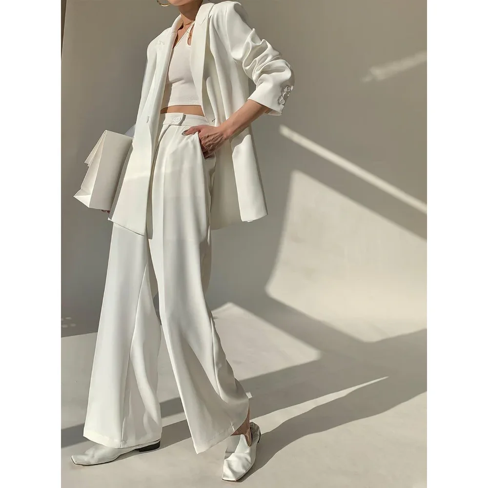 Summer White Women Suits Slim Elegant Peak Lapel Solid Party Prom Wedding Tuxedo Formal Casual Office Pants Sets (Jacket+Pants)