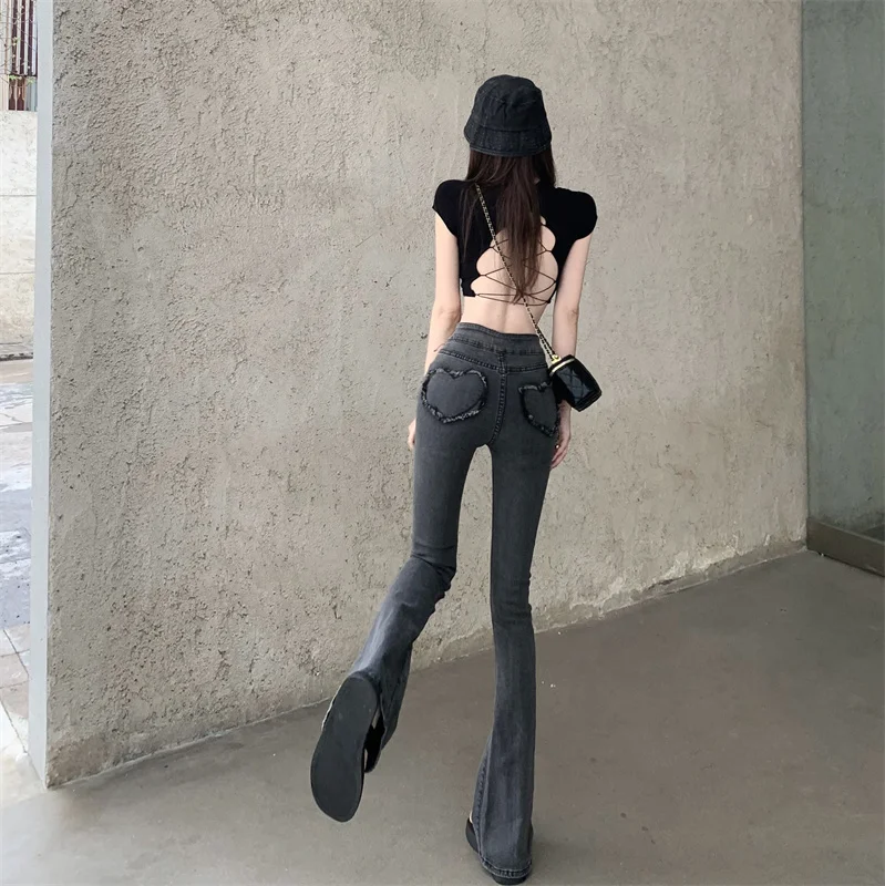 Qgz Qigongzhu Back Heart-Shaped Design  Bootcut Trousers Gyaru High Waist Slimming Jeans Women