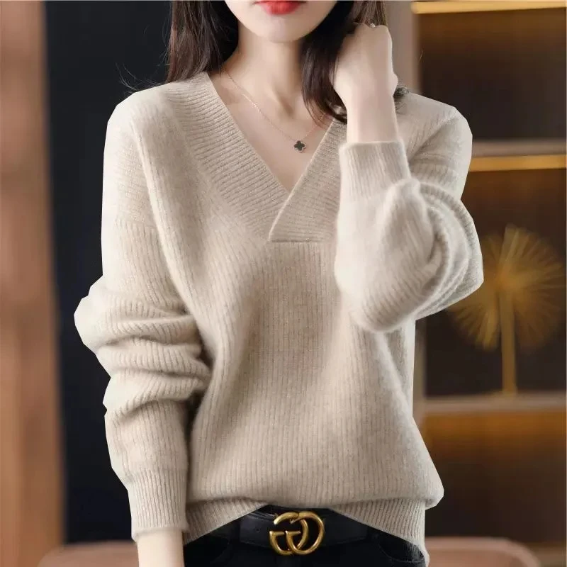 Cashmere Sweater Women\'s 100% Wool Sweater Fashion V-neck Knitted Pullover 2024 Winter and Autumn New Loose Solid Soft Sweater