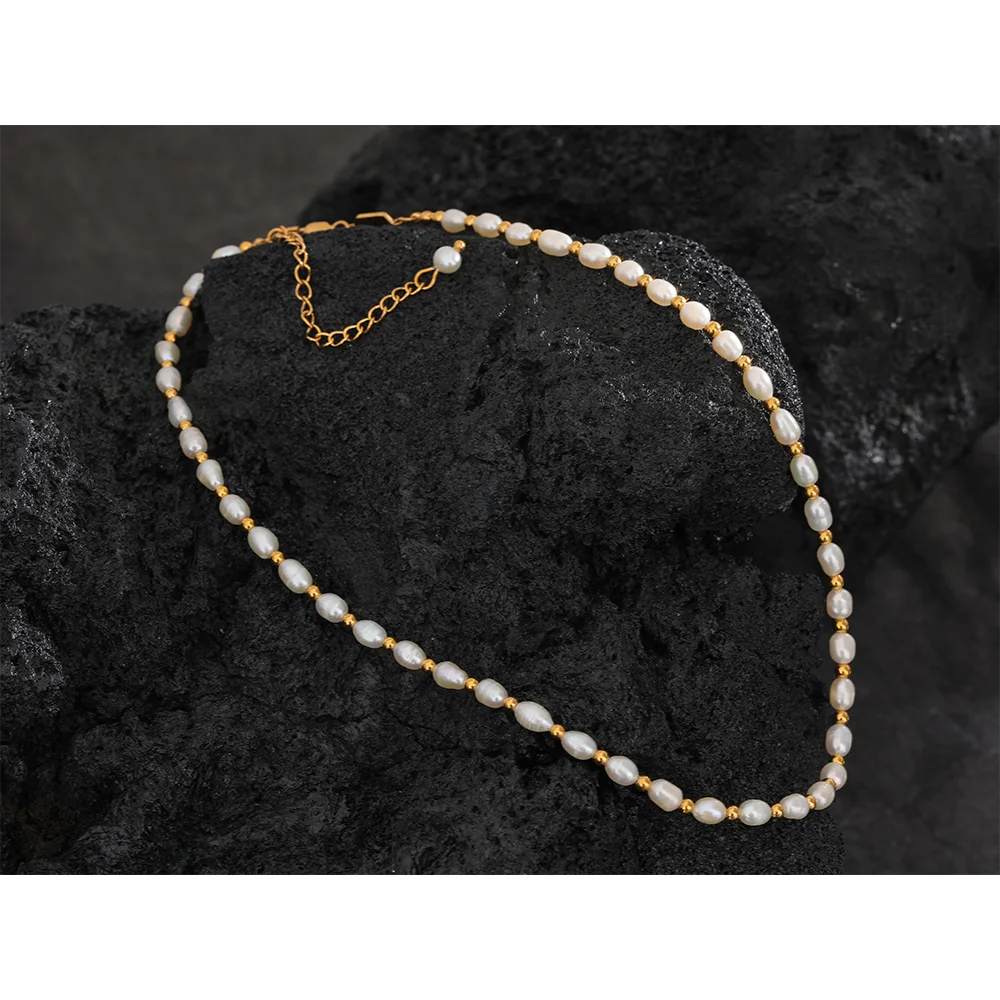 JINYOU 1192 Natural Freshwater Pearls Stainless Steel Bead Waterproof Gold Color Necklace Women Fashion Handmade Jewelry Luxury