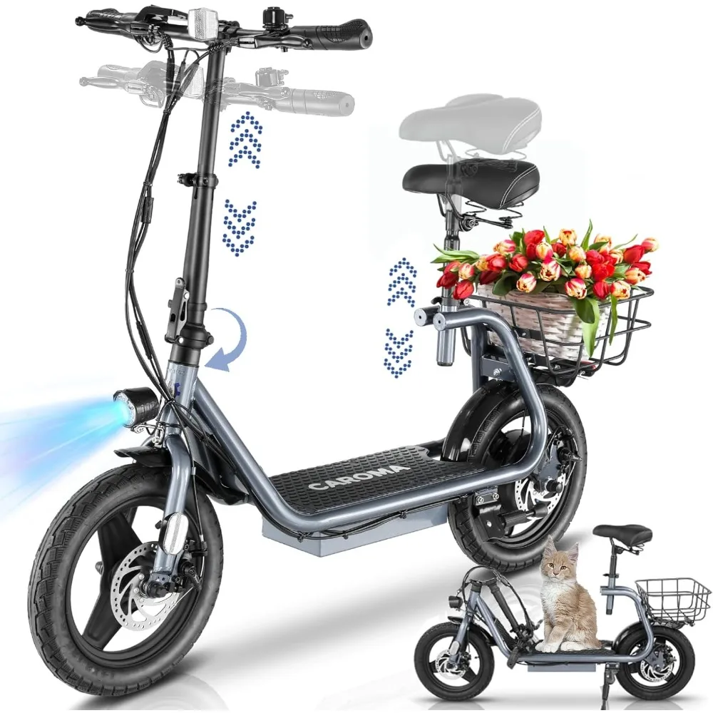 1200W Adult Electric Scooter 14 Inch Tires, 500Wh Battery, 30 Mile Range, 20MPH Top Speed, Electric Scooter with Seat, Basket