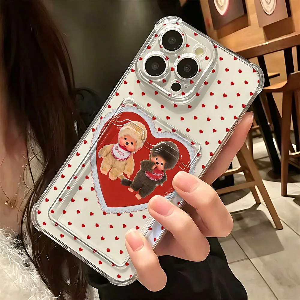 Funda Protectora Transparente Anti-caídas con Diseño de Monchhichis para iPhone 17e, 17, 16e, 16, 15, 14, 13, 12, 11 Mini, Pro, Max, X, XR, 7, 8, Air, Plus