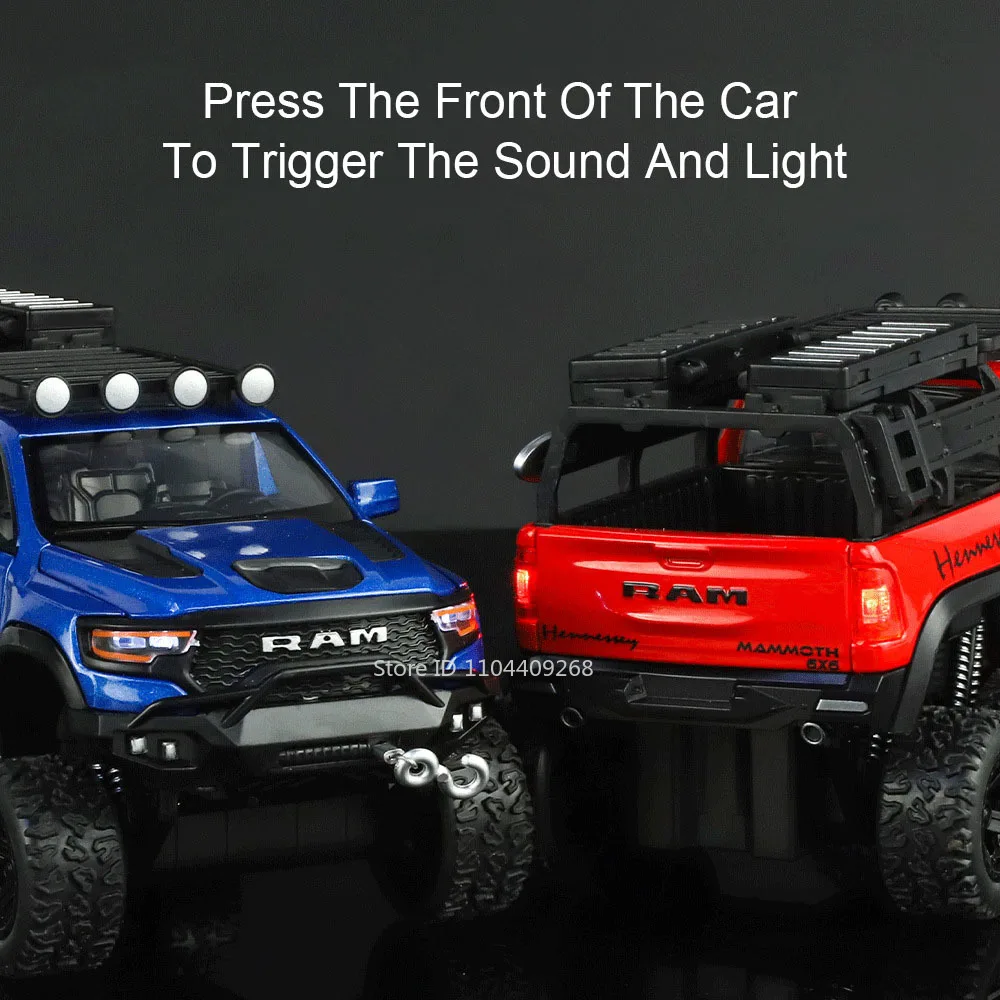 1:32 RAM 1500 Tyrannosaurus Rex Modello di auto Giocattolo Assorbimento degli urti Suono Luce Tirare indietro 6X6 Veicoli fuoristrada Regali di festa