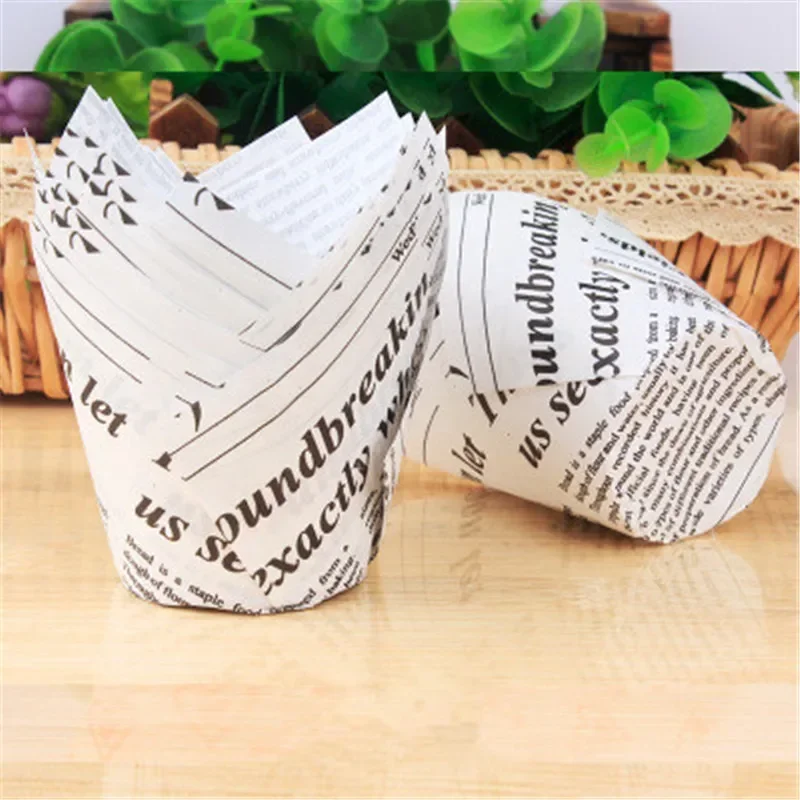 50pcs Newspaper Style Cupcake Liner Baking Cup For Wedding Party Caissettes Tulip Muffin Cupcake Paper Cup Oilproof Cake Wrapper