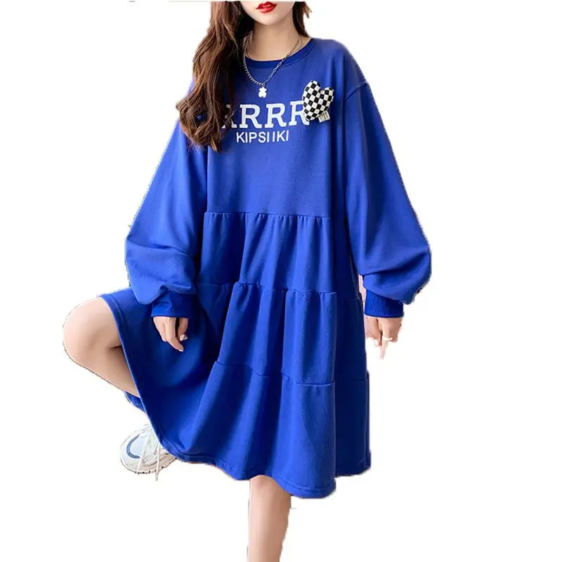 Autumn Winter Loose Printing Solid Color Long Sleeve Tshirt Dress Femme Casual Korean Pleated Bright Line Decoration Midi Dress