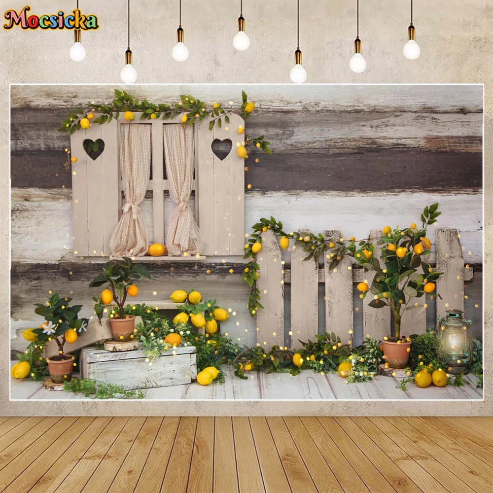 Mocsicka Lemon Theme Backdrop for Photography Green Leaves Wood Floor Baby Kids Portrait Photo Background Studio Photocall Props