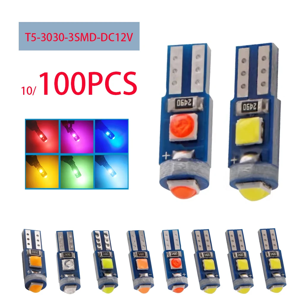 

T5 3030 3SMD Car Wedge LED Dashboard Bulb CANBUS Error Free License Plate Light Lamp Decoration DC 12V Car Accessories