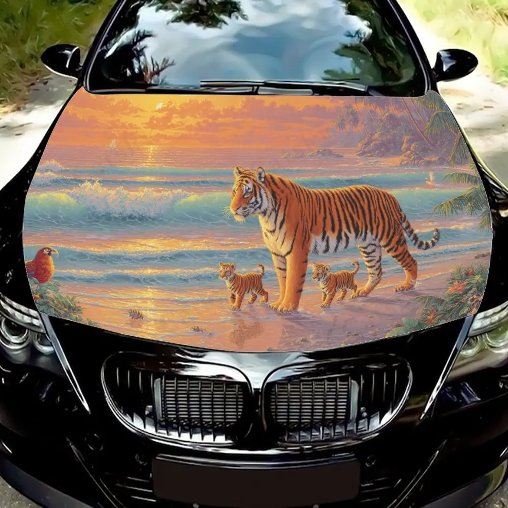 

Красочная наклейка на капот двигателя автомобиля для семьи «Закатный пляж и тигр», художественная наклейка на авто, персонализированное украшение для экстерьера автомобиля, подарок для C