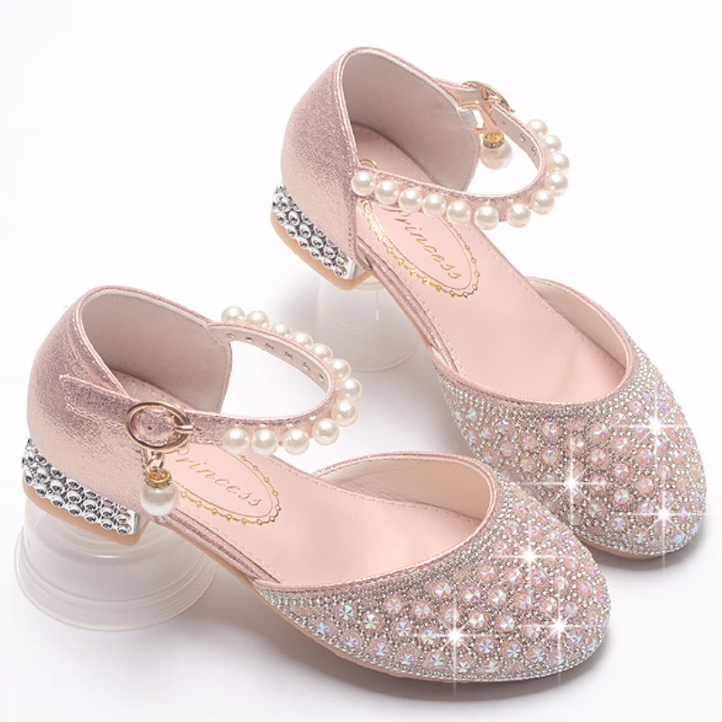 Girls Dress Shoes Children Crystal Pearl High Heels Mary Janes Wedding Party Glitter Princess Dress Shoes Fashion Kids Sandals