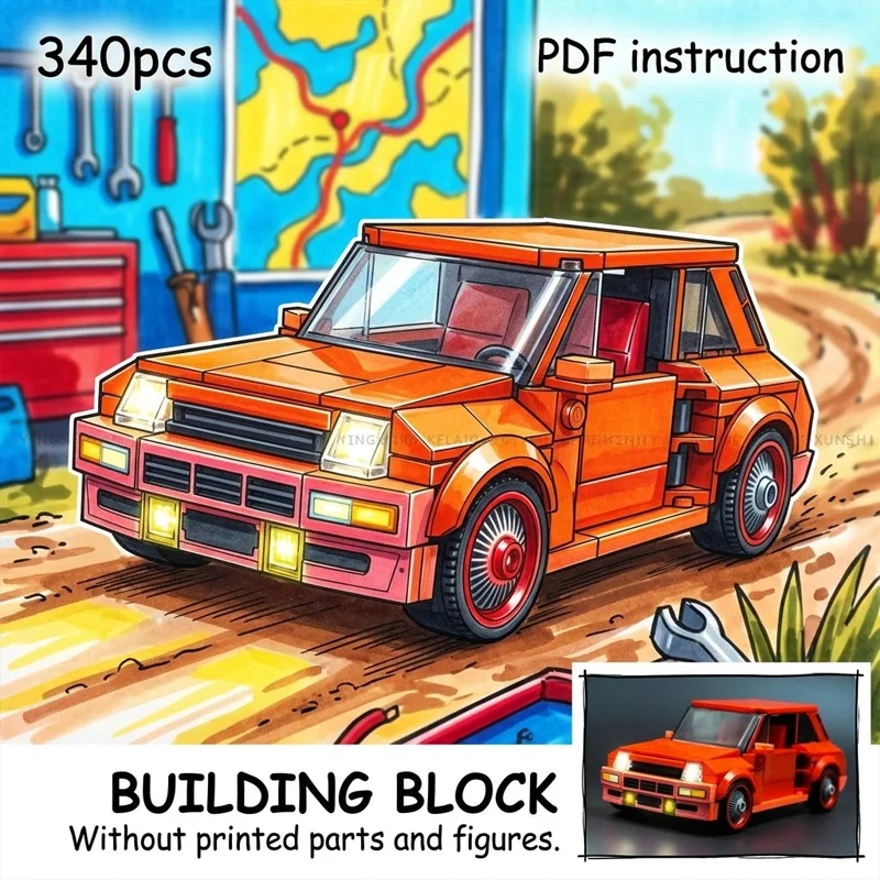 

MOC Classic 80s Hot Hatch Building Blocks Retro Orange Rally Car 8-Wide Racing Vehicle Adult Collector Brick Set Display Model