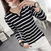 Autumn Slim Fit Stripe V-neck Long Sleeve T-shirt Women Student Top Trendy Shirt M-l-xl-2xl-xxxl Size