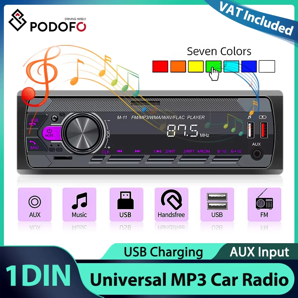 Lecteur MP3 Podofo 1Din, lecteur de musique numérique Bluetooth, audio stéréo 12V, USB/SD/AUX-IN, port RCA, autoradio, prise en charge de la carte TF