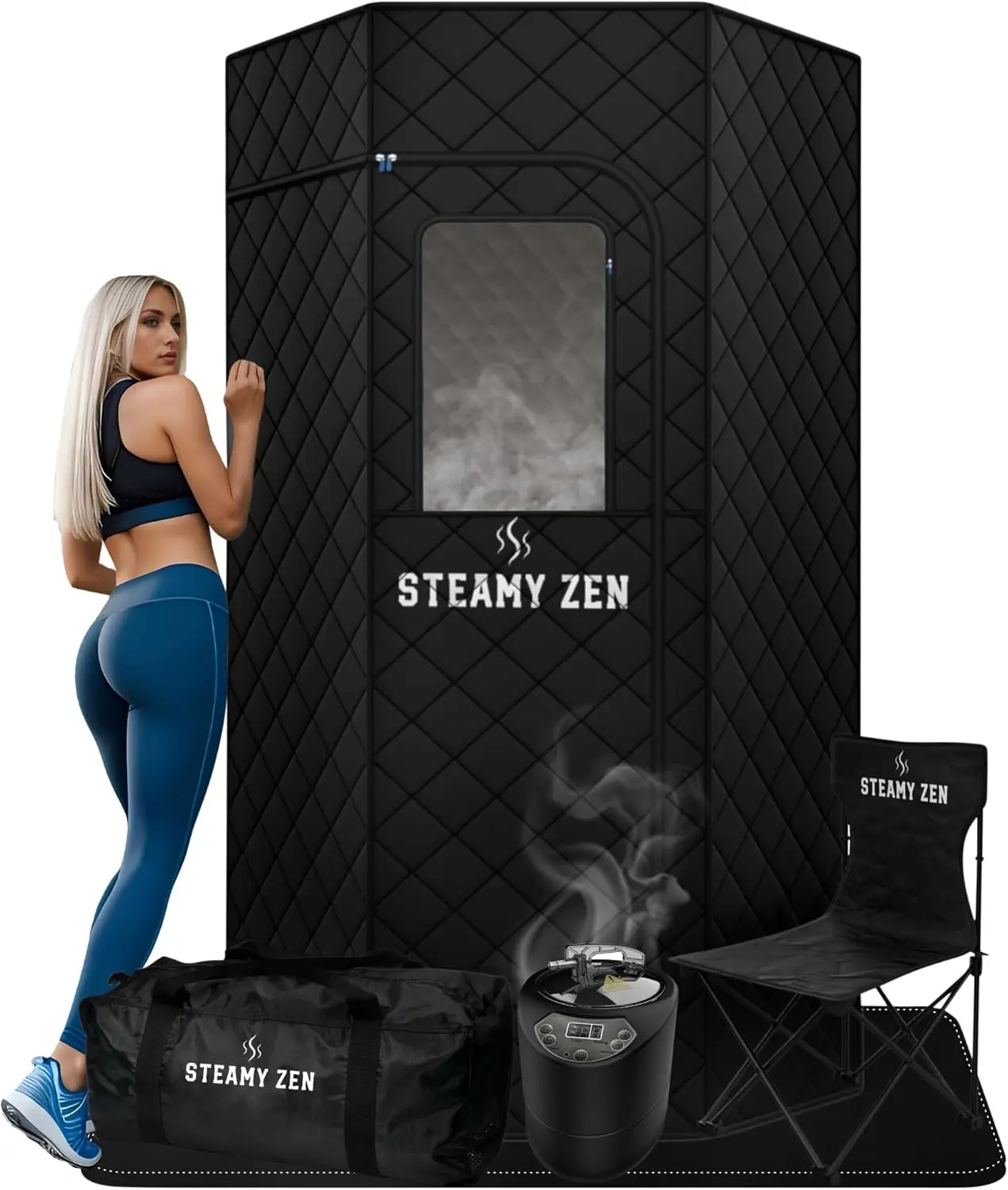 Steamy Zen Sauna - Portable Large Home Steam Sauna, Remote &Aromatherapy - Includes Absorbent Mat & Chair for Yoga & Weight Loss