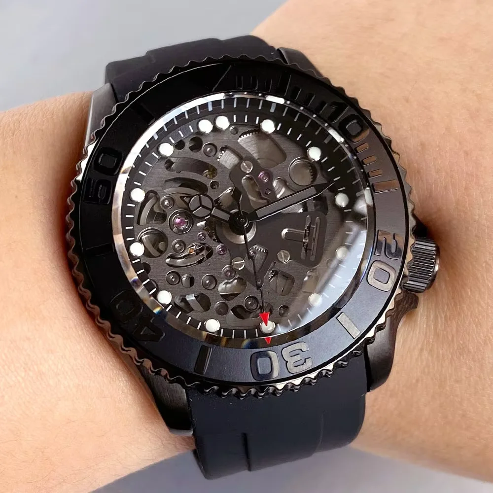 

Tandorio Новые 41 мм сапфировое стекло черный циферблат со скелетом SKX PVD-покрытие мужские дайверские часы Япония NH72 автоматический механизм 20ATM вода