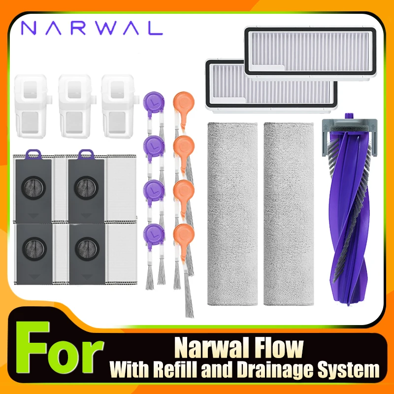 ملحقات لتدفق ناروال مع نظام إعادة التعبئة والتصريف، فرش جانبية رئيسية، ملابس ممسحة، مرشحات HEPA، قطع غيار كيس الغبار #1